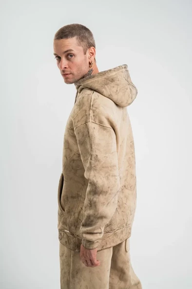 Unisex Double Oversize Kapşonlu Yıkamalı SweatShirt - Bej - 3