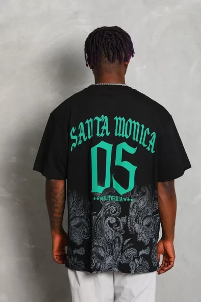 Unisex Oversize Baskılı Bisiklet Yaka T-Shirt - Siyah - Resim 3