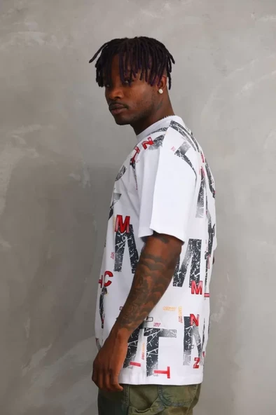 Unisex Baskılı Oversize T-Shirt - Beyaz - Resim 4