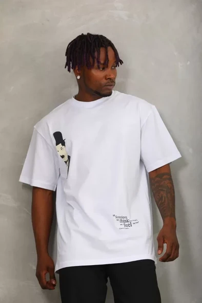 Unisex Oversize Baskılı Bisiklet Yaka T-Shirt - Beyaz - Resim 3