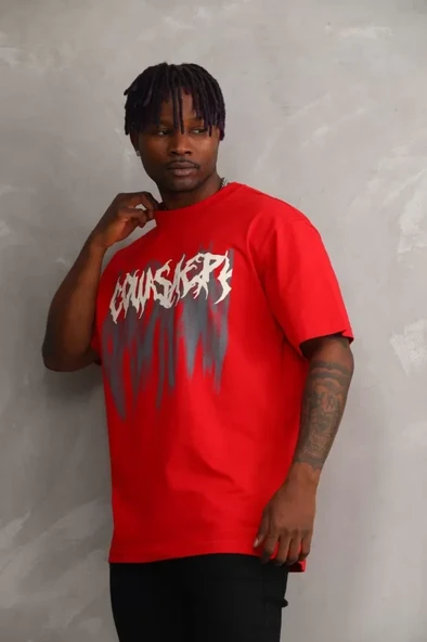 Unisex Baskılı Oversize T-Shirt - Kırmızı - 1