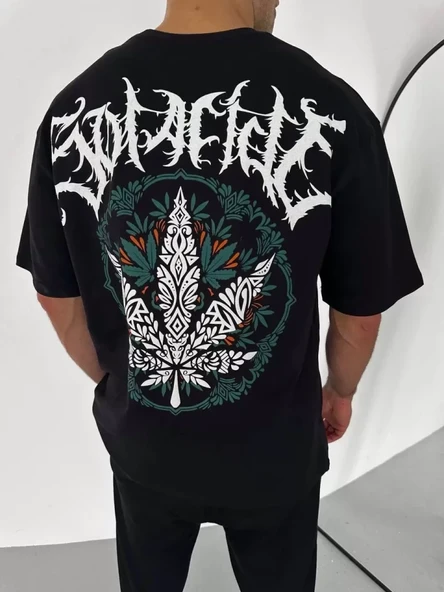 Unisex Bisiklet Yaka Baskılı Oversize T-Shirt - Siyah - Resim 3