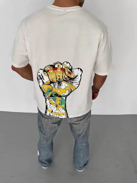 Unisex Bisiklet Yaka Baskılı Oversize T-Shirt - Beyaz - Resim 2