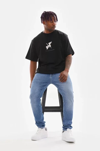 Unisex Baskılı Oversize T-Shirt - Siyah - Resim 3