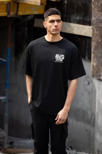 Unisex Bisiklet Yaka Baskılı Oversize T-Shirt - Siyah - Resim 3