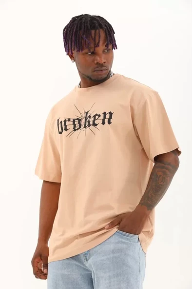 Unisex Oversize Baskılı Bisiklet Yaka T-Shirt - Bej - 1