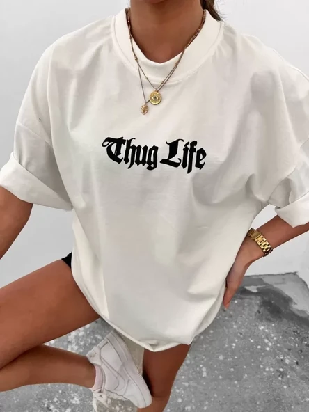 Unisex Bisiklet Yaka Baskılı Oversize T-Shirt - Beyaz ürün görseli 1