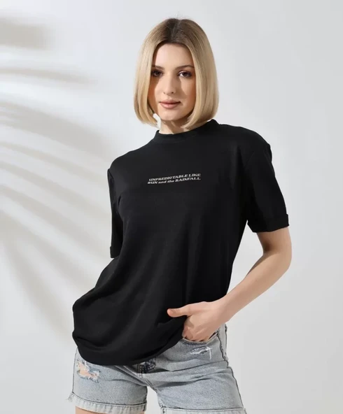 Unisex Bisiklet Yaka Baskılı Slim Fit T-Shirt - Siyah - Resim 2