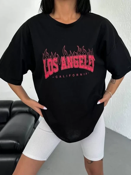 Unisex Bisiklet Yaka Baskılı Oversize T-Shirt - Siyah - Resim 4