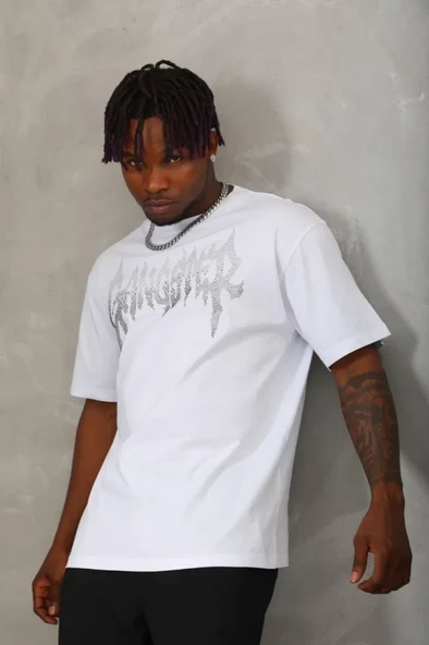 Unisex Oversize Taşlı Bisiklet Yaka T-Shirt - Beyaz - Resim 4