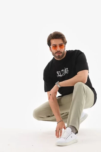 Unisex Bisiklet Yaka Baskılı Oversize T-Shirt - Siyah - Resim 4