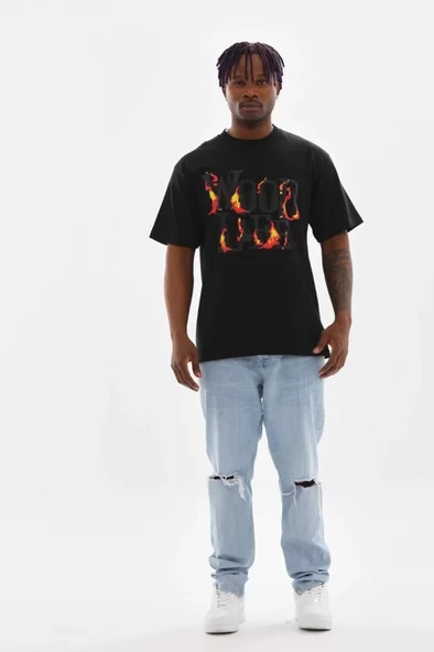 Unisex Baskılı Oversize T-Shirt - Siyah - Resim 4