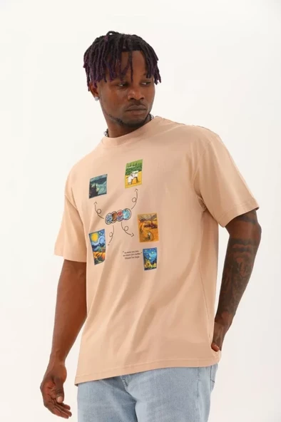 Unisex Oversize Baskılı Bisiklet Yaka T-Shirt - Bej ürün görseli 1