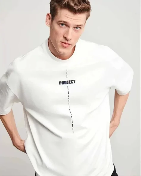 Unisex Bisiklet Yaka Baskılı Oversize T-Shirt - Beyaz - 1