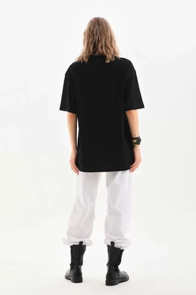 Unisex Bisiklet Yaka 20/1 Düz Oversize T-Shirt - Siyah - Resim 4
