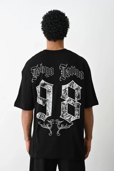 Unisex Baskılı Oversize T-Shirt - Siyah ürün görseli 1