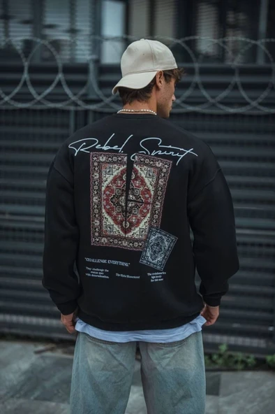 Uzun Kol Bisiklet Yaka Baskılı SweatShirt - Siyah - 3