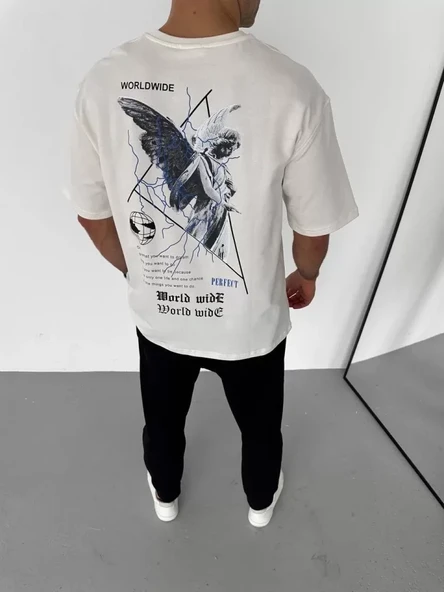 Unisex Bisiklet Yaka Baskılı Oversize T-Shirt - Beyaz - 3