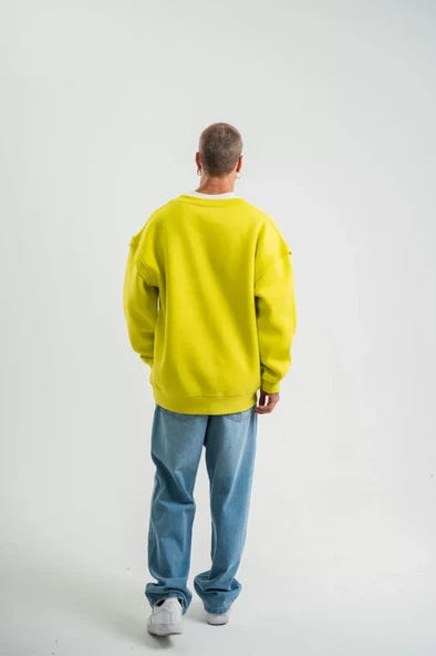 Geniş V Yaka Kol Ribana Detaylı SweatShirt - Sarı - 3