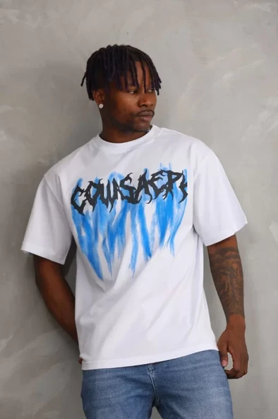 Unisex Baskılı Oversize T-Shirt - Beyaz ürün görseli 1