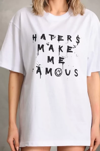 Unisex Baskılı Oversize T-Shirt - Beyaz - Resim 3