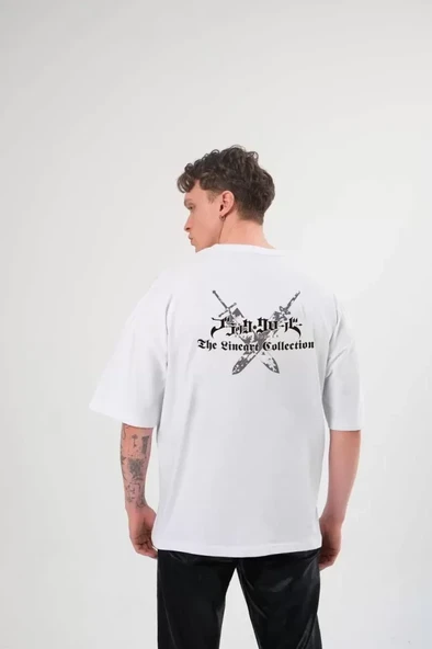 Unisex Bisiklet Yaka Baskılı Oversize T-Shirt - Beyaz - 2