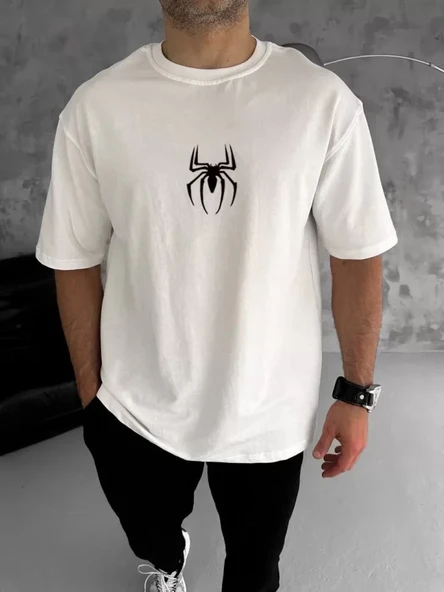 Unisex Bisiklet Yaka Baskılı Oversize T-Shirt - Beyaz - 1
