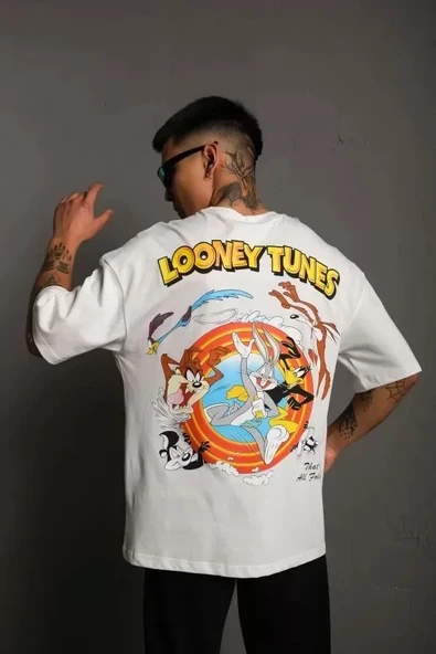 Unisex Bisiklet Yaka Baskılı Oversize T-Shirt - Beyaz - Resim 2