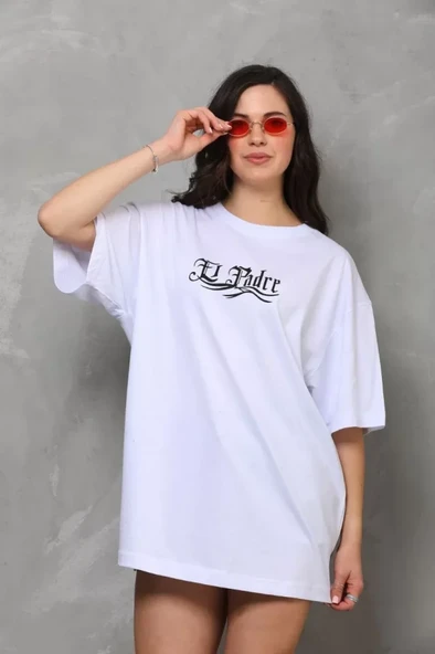 Unisex Bisiklet Yaka Baskılı Oversize T-Shirt - Beyaz ürün görseli 1