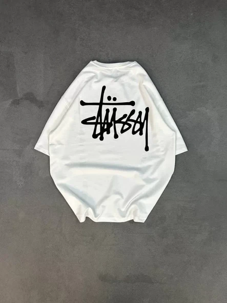 Unisex Bisiklet Yaka Baskılı Oversize T-Shirt - Beyaz - Resim 4