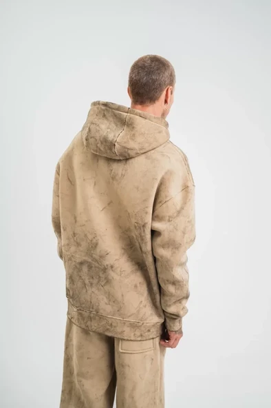 Unisex Double Oversize Kapşonlu Yıkamalı SweatShirt - Bej - 4