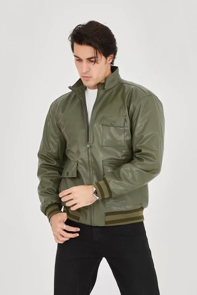 Erkek Fermuarlı İçten Elyaf Ve Astarlı Suni Deri Ceket - Koyu Yeşil - 2
