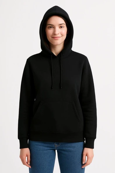 Üç İplik Kapüşonlu Kanguru Çepli SweatShirt Hoodie - Siyah - 3