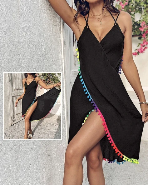 Kadın Askılı Derin V Yakalı çapraz Geçmeli Ponponlu Bürümcük Pareo - 3