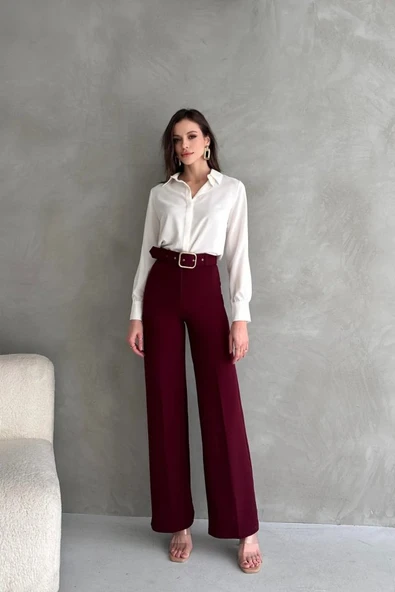 Kadın Yüksek Bel Krep Kumaş Full Likralı Ispanyol Paça Kemer Dahil Pantolon - 4