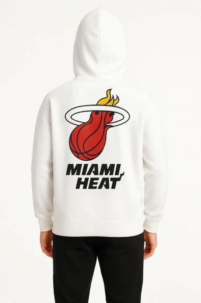 Üç İplik Kapüşonlu Ön Ve Arka Baskılı SweatShirt Hoodie - Beyaz - Resim 4