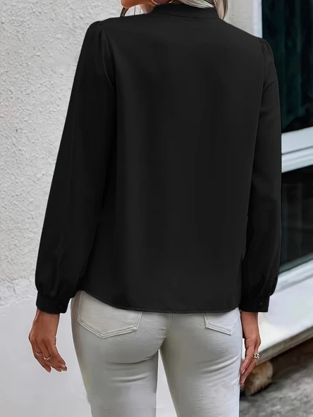 Kadın Uzun Kollu Yakalı Yakadan Bağcıklı Düğmeli Sandy Bluz - 5