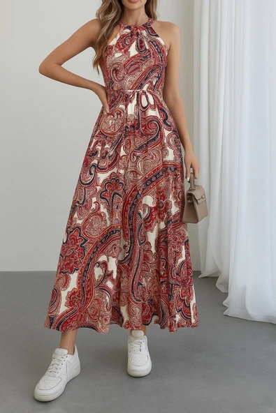 Kadın Halter Yakalı Omuzlardan Açık Kuşaklı Maksi Boy Desenli Süprem Elbise