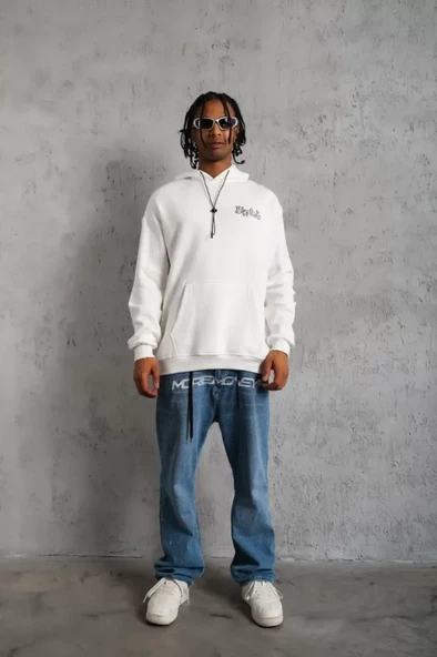 Erkek Kol Ve Etek Ribana Baskılı Kapüşonlu Sweat - Beyaz - 4