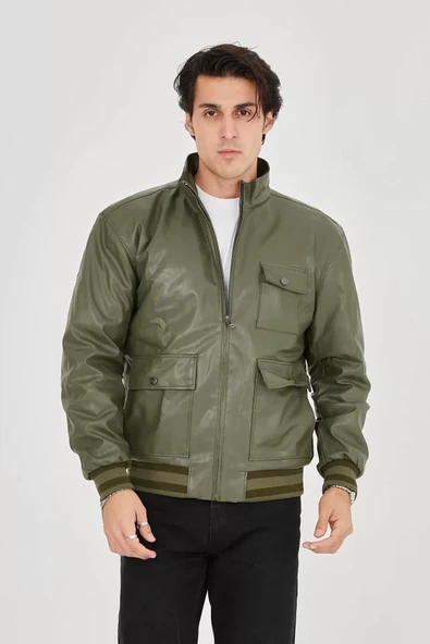 Erkek Fermuarlı İçten Elyaf Ve Astarlı Suni Deri Ceket - Koyu Yeşil - 3