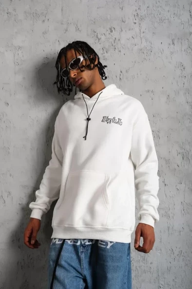 Erkek Kol Ve Etek Ribana Baskılı Kapüşonlu Sweat - Beyaz - 2