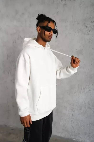Erkek Düz Kapüşonlu Sweat - Beyaz - 2
