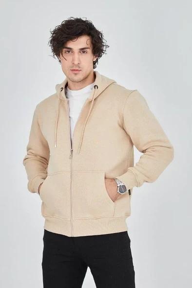Erkek Kapüşonlu Düz Fermuarlı Hırka - Bej - 2