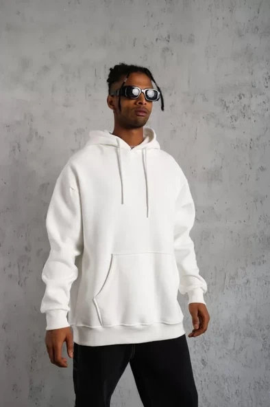Erkek Düz Kapüşonlu Sweat - Beyaz - 3