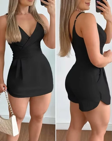 Kadın Ip Askılı Kruvaze Yakalı Cep Detaylı Ithal Krep Short Etek ürün görseli