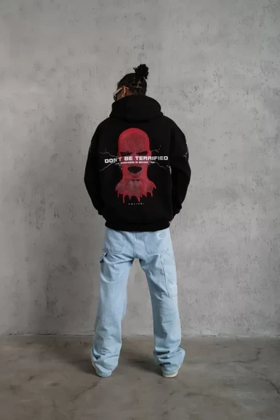 Erkek Maske Baskılı Kapüşonlu Sweat - Siyah - 4