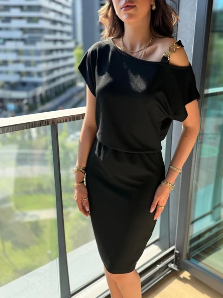 Kadın Kısa Kollu Tek Omuz Askı Ve Aksesuar Detay Beli Lastikli Krep Elbise - 2