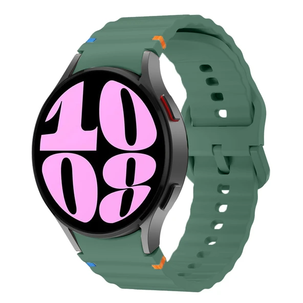 Samsung Galaxy Watch 6 40-43-44-47mm İle Uyumlu Metal Tokalı Dalgalı Spor Silikon Kordon  Koyu Yeşil