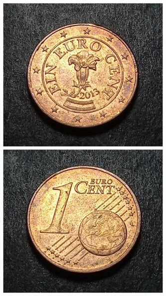 Escoines 3996368bb658b6d5e8 2013 Avusturya 1Eurocent bakır kaplı çelik çt+ para ürün görseli 1