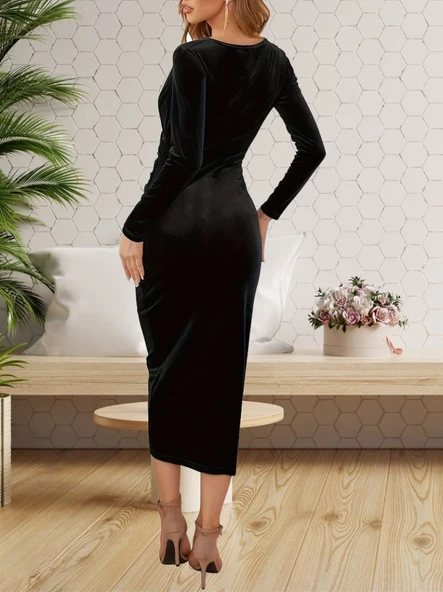 Kadın Uzun Kollu Kruvaze Yaka Belden Büzgü Detay Midi Kadife Elbise - Resim 2